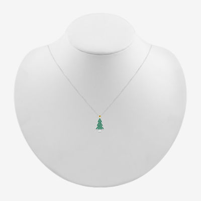 Christmas Tree Womens Lab Created Green Emerald Sterling Silver Pendant Necklace