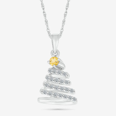 Christmas Tree Womens Lab Created White Sapphire Sterling Silver Pendant Necklace