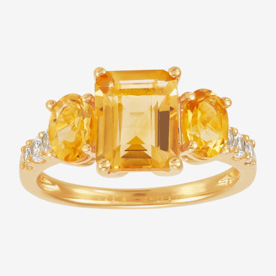 Womens Genuine Yellow Citrine Sterling Silver Side Stone Cocktail Ring