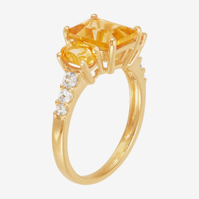 Womens Genuine Yellow Citrine Sterling Silver Side Stone Cocktail Ring