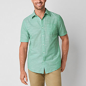 St. John's Bay Slub Mens Classic Fit Short Sleeve Button-Down Shirt | Green | Regular Small | Shirts + Tops Button-Front Shirts | Spring Fashion