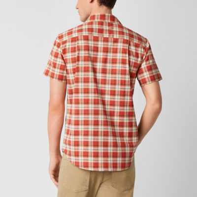 mutual weave Mens Regular Fit Short Sleeve Plaid Poplin Button-Down Shirt