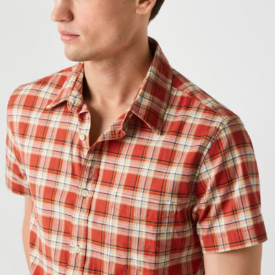 mutual weave Mens Regular Fit Short Sleeve Plaid Poplin Button-Down Shirt