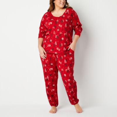 Ambrielle Womens Plus Crew Neck Long Sleeve 2-pc. Pant Pajama Set