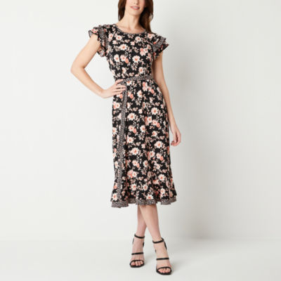 Perceptions Short Sleeve Floral Midi Fit + Flare Dress