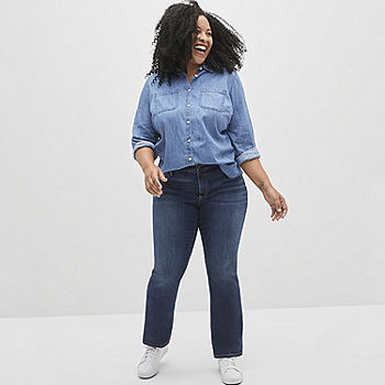 Women′ S Straight Wide-Leg Grey Bootcut Jeans Button Fly Denim