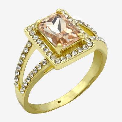 Sparkle Allure Split Shank Womens Champagne Crystal 14K Gold Over Brass Halo Cocktail Ring