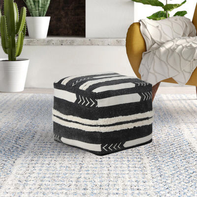 LR Home Vanessa 14" Handmade Cotton Pouf in Black/White
