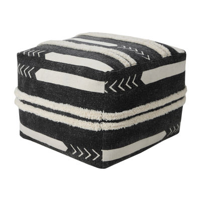 LR Home Vanessa 14" Handmade Cotton Pouf in Black/White