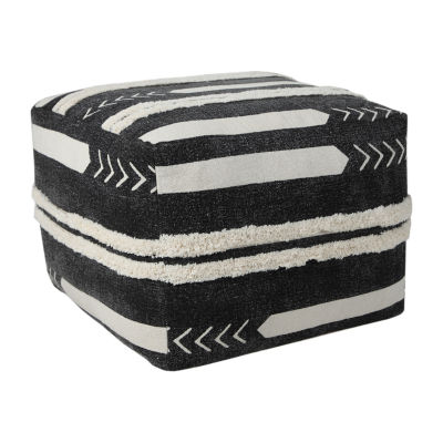 LR Home Vanessa 14" Handmade Cotton Pouf in Black/White