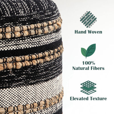 LR Home Briala 14" Handmade Cotton Blend Pouf in Black/White/Natural