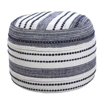 LR Home Fenric 14" Handmade Cotton Pouf in Blue/White