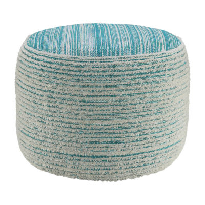 LR Home Timothy 14" Handwoven Polyester Pouf in Blue/Cream