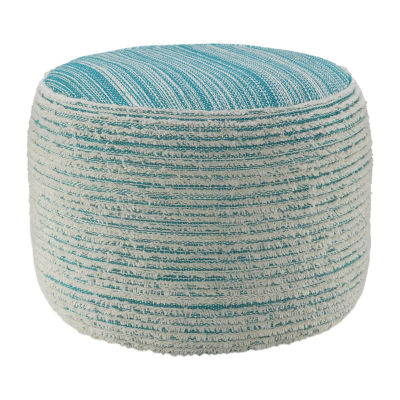 LR Home Timothy 14" Handwoven Polyester Pouf in Blue/Cream