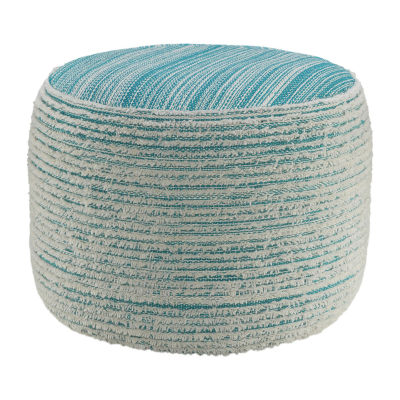 LR Home Timothy 14" Handwoven Polyester Pouf in Blue/Cream