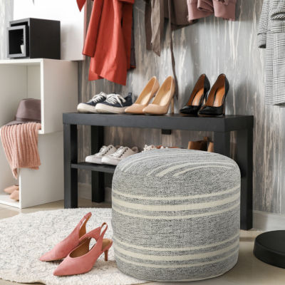 LR Home Bora Handmade Polyester Medium Pouf Striped Ottoman