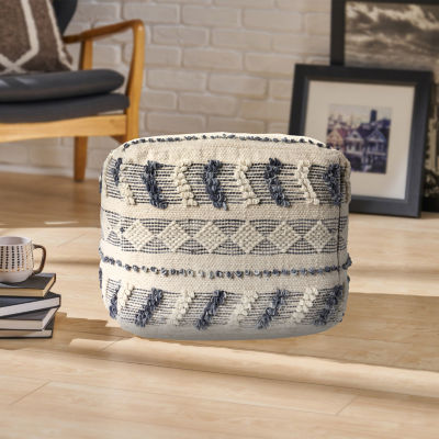 LR Home Seraphina 14" Handmade Wool Blend Pouf in Blue/Cream