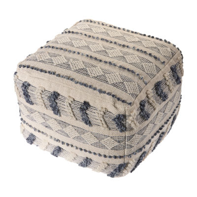LR Home Seraphina 14" Handmade Wool Blend Pouf in Blue/Cream