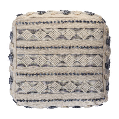 LR Home Seraphina 14" Handmade Wool Blend Pouf in Blue/Cream