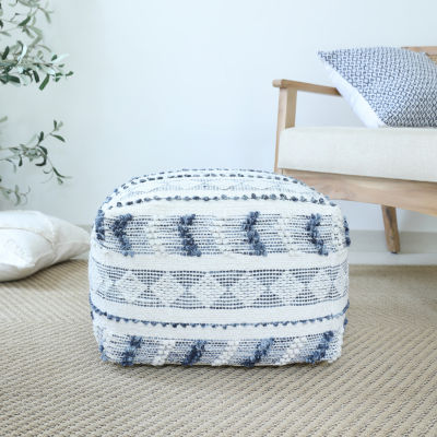 LR Home Seraphina 14" Handmade Wool Blend Pouf in Blue/Cream