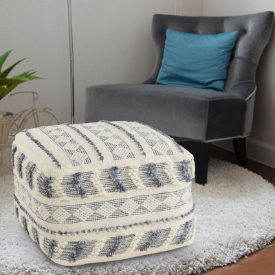 LR Home Seraphina 14" Handmade Wool Blend Pouf in Blue/Cream