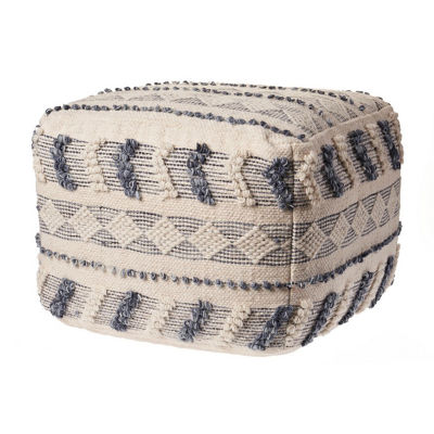 LR Home Seraphina 14" Handmade Wool Blend Pouf in Blue/Cream