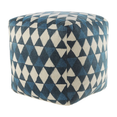 LR Home Carmel 20" Handmade Cotton Pouf in Blue/Cream