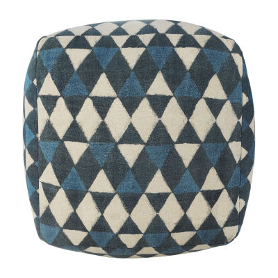 LR Home Carmel 20" Handmade Cotton Pouf in Blue/Cream