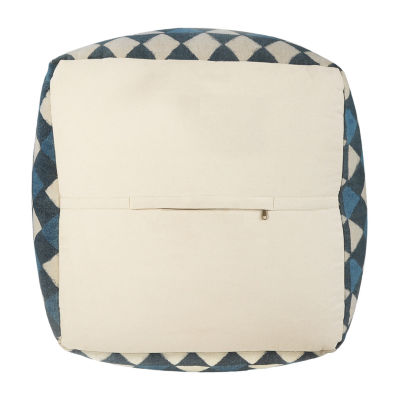 LR Home Carmel 20" Handmade Cotton Pouf in Blue/Cream