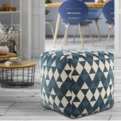 LR Home Carmel 20" Handmade Cotton Pouf in Blue/Cream
