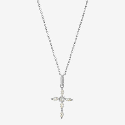 Silver Treasures Womens Cubic Zirconia Sterling Silver Cross 18 Inch Pendant Necklace