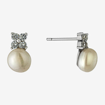9mm White Simulated Pearl and Silver Diamond Shape Layered Dangle Earrings 9mm White Simulated Pearl and Silver Diamond Shape Layered Dangle Earrings