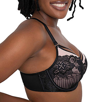 Curvy Couture Women's Strappy Tulip Lace Push Up Bra Black Adobe Rose 38H