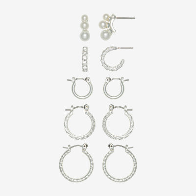 Mixit Hypoallergenic Silver Tone Hoop & Stud 5 Pair Simulated Pearl Earring Set