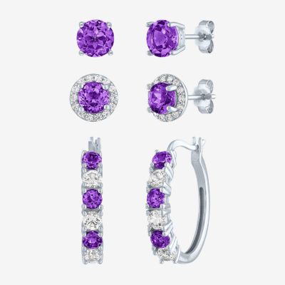 Genuine Purple Amethyst Sterling Silver 3 Pair Jewelry Set