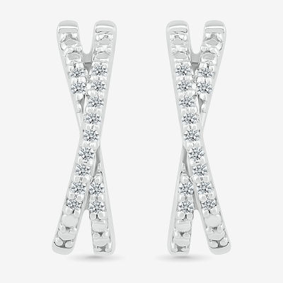 Crossover C-Hoop Womens 1/10 CT. T.W. Natural White Diamond Sterling Silver 14mm Hoop Earrings