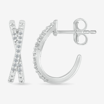 Crossover C-Hoop Womens 1/10 CT. T.W. Natural White Diamond Sterling Silver 14mm Hoop Earrings