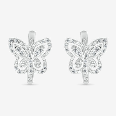 Womens 1/6 CT. T.W. Natural White Diamond Sterling Silver 10.7mm Butterfly Hoop Earrings