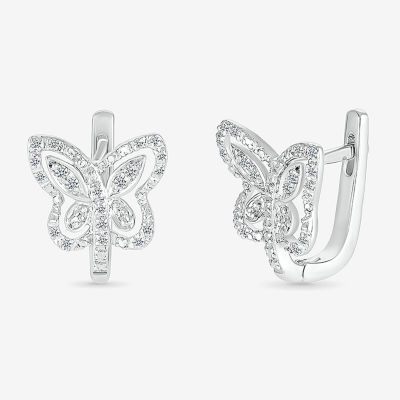 Womens 1/6 CT. T.W. Natural White Diamond Sterling Silver 10.7mm Butterfly Hoop Earrings
