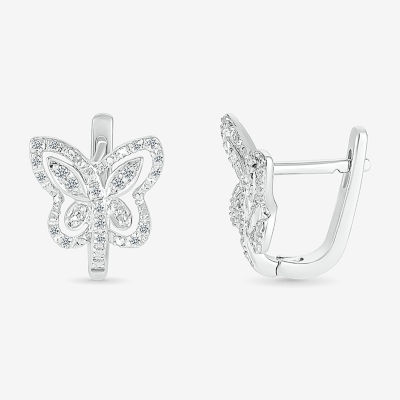Womens 1/6 CT. T.W. Natural White Diamond Sterling Silver 10.7mm Butterfly Hoop Earrings