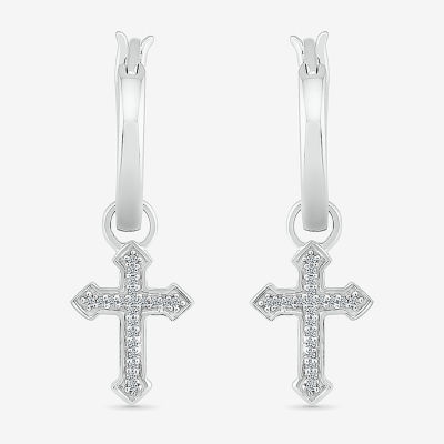 Womens Diamond Accent Natural White Diamond Sterling Silver 25.1mm Cross Hoop Earrings