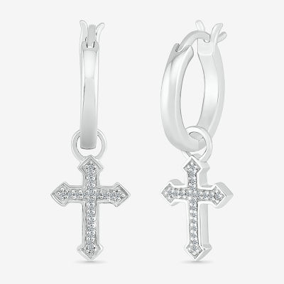 Womens Diamond Accent Natural White Diamond Sterling Silver 25.1mm Cross Hoop Earrings