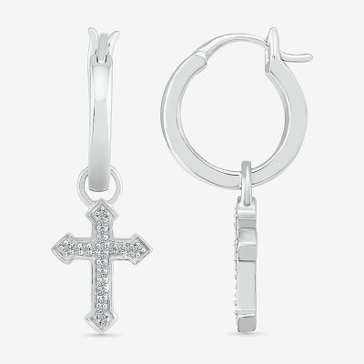 Womens Diamond Accent Natural White Diamond Sterling Silver 25.1mm Cross Hoop Earrings