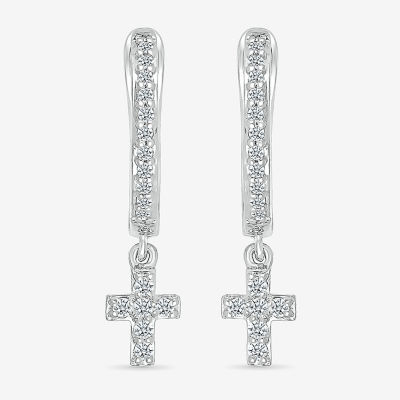 1/6 CT. T.W. Natural White Diamond Sterling Silver 19.5mm Cross Hoop Earrings