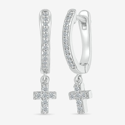 1/6 CT. T.W. Natural White Diamond Sterling Silver 19.5mm Cross Hoop Earrings