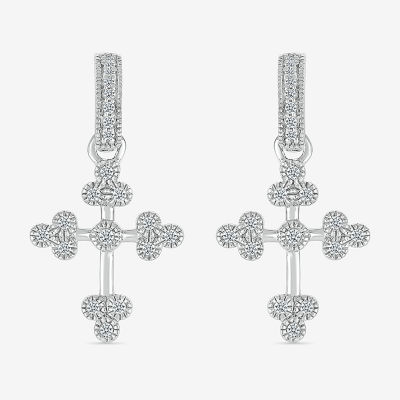 1/5 CT. T.W. Natural White Diamond Sterling Silver Cross Drop Earrings