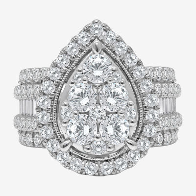 4 CT.T.W. Natural Diamond Pear Shape Side Stone Halo Engagement Ring in 10K or 14K White Gold