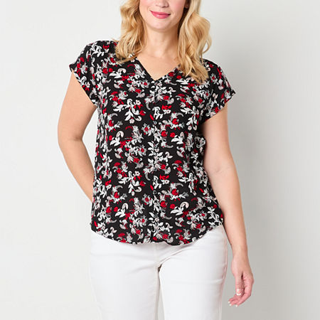 Liz Claiborne Womens V Neck Short Sleeve Blouse, Medium, Black