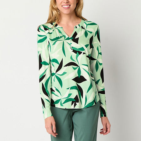 Liz Claiborne Womens Split Crew Neck Long Sleeve Blouse, Medium, Green