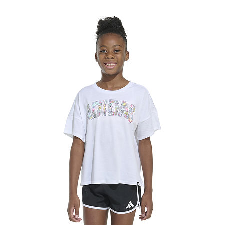 adidas Big Girls Crew Neck Short Sleeve Graphic T-Shirt, L Plus (14 Plus), White